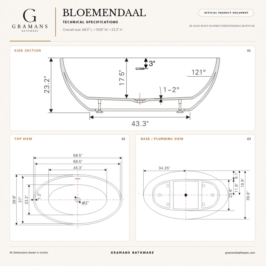 Bloemendaal 69 inch freestanding bathtub dimensions diagram, 68.5 x 39.8 x 23.2 inches, Gramans Bathware