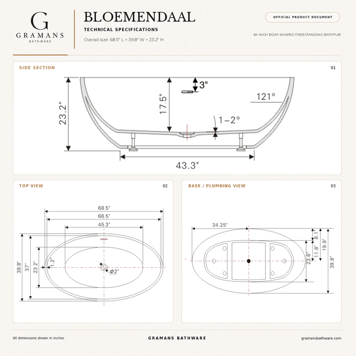 Bloemendaal 69 inch freestanding bathtub dimensions diagram, 68.5 x 39.8 x 23.2 inches, Gramans Bathware