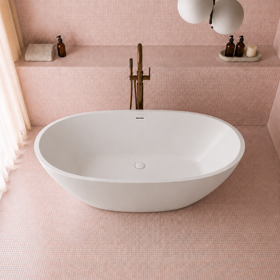 Bloemendaal 69 inch freestanding bathtub, top angle view of oval basin with white drain, Gramans Bathware
