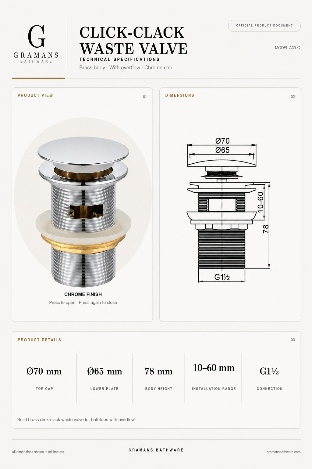 Click-clack drain Chrome valve mechanism diagram, white finish, used on Gramans Bathware freestanding bathtubs