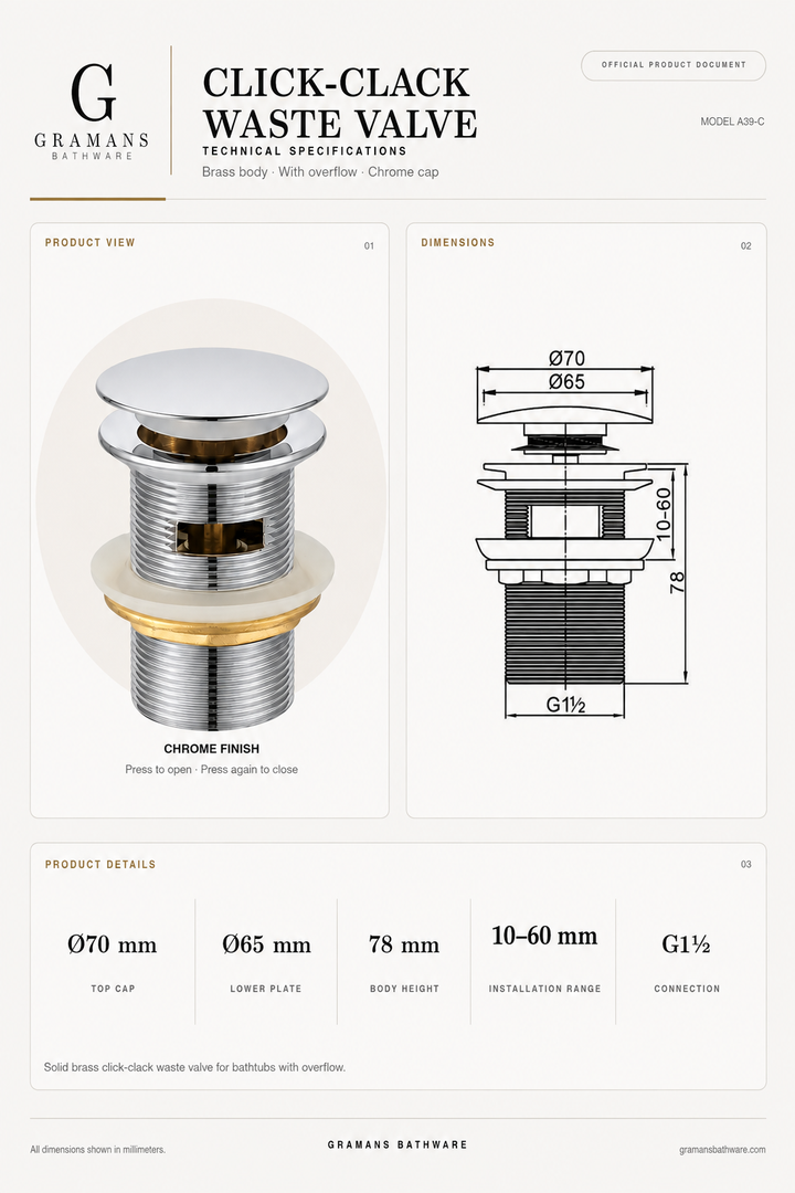 Click-clack drain Chrome valve mechanism diagram, white finish, used on Gramans Bathware freestanding bathtubs
