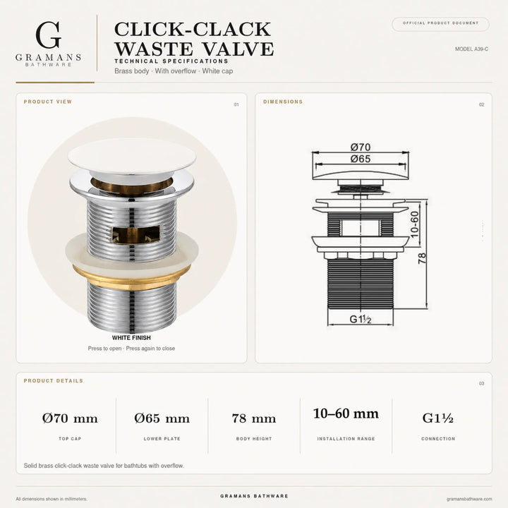 Click-clack drain valve mechanism, white finish, Gramans Bathware