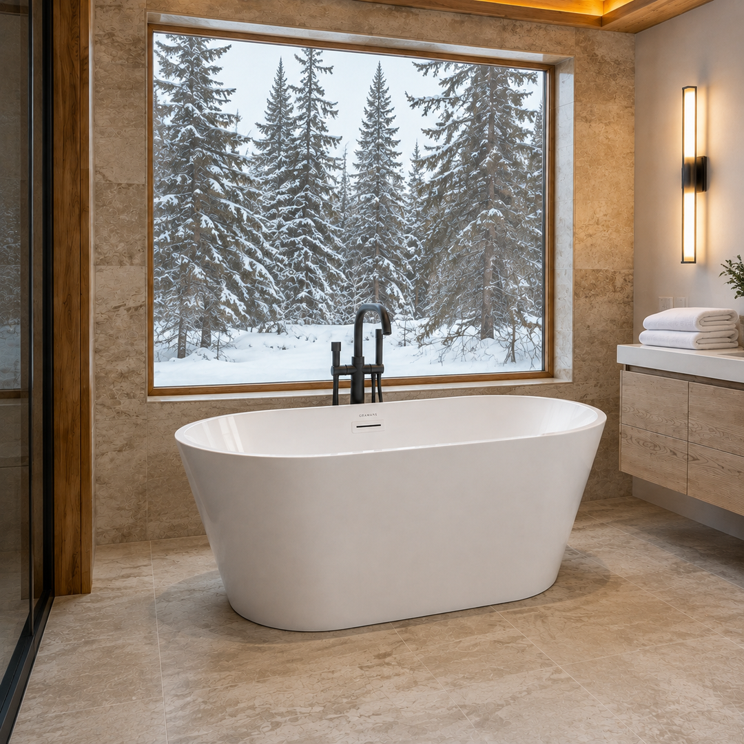Hilversum 54 inch freestanding bathtub, angled view, Gramans Bathware