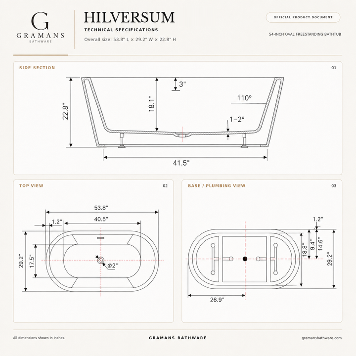 Hilversum 54 inch freestanding bathtub dimensions diagram, 53.8 x 29.2 x 22.8 inches, Gramans Bathware