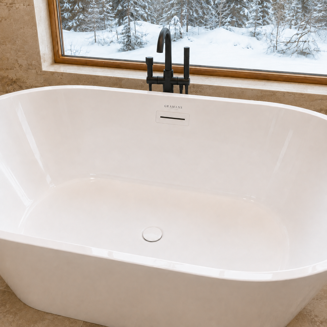 Hilversum 54 inch freestanding bathtub, close-up of matching white drain and overflow, Gramans Bathware