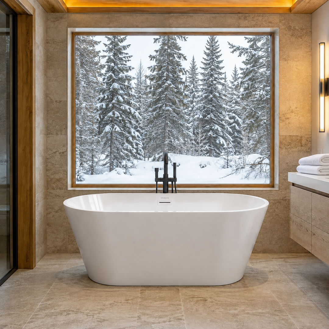 Hilversum 54 inch freestanding acrylic bathtub, front view with white drain, Gramans Bathware