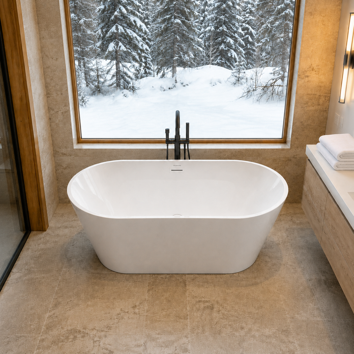Hilversum 54 inch freestanding bathtub, top angle view of rounded rectangular basin, Gramans Bathware