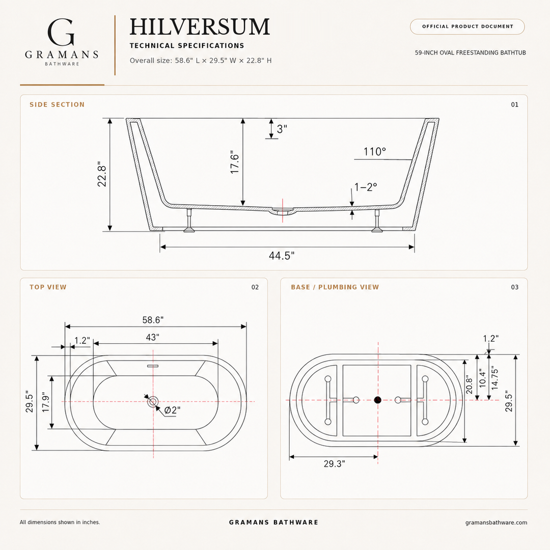 Hilversum 59 inch freestanding bathtub dimensions diagram, 58.6 x 29.5 x 22.8 inches, Gramans Bathware