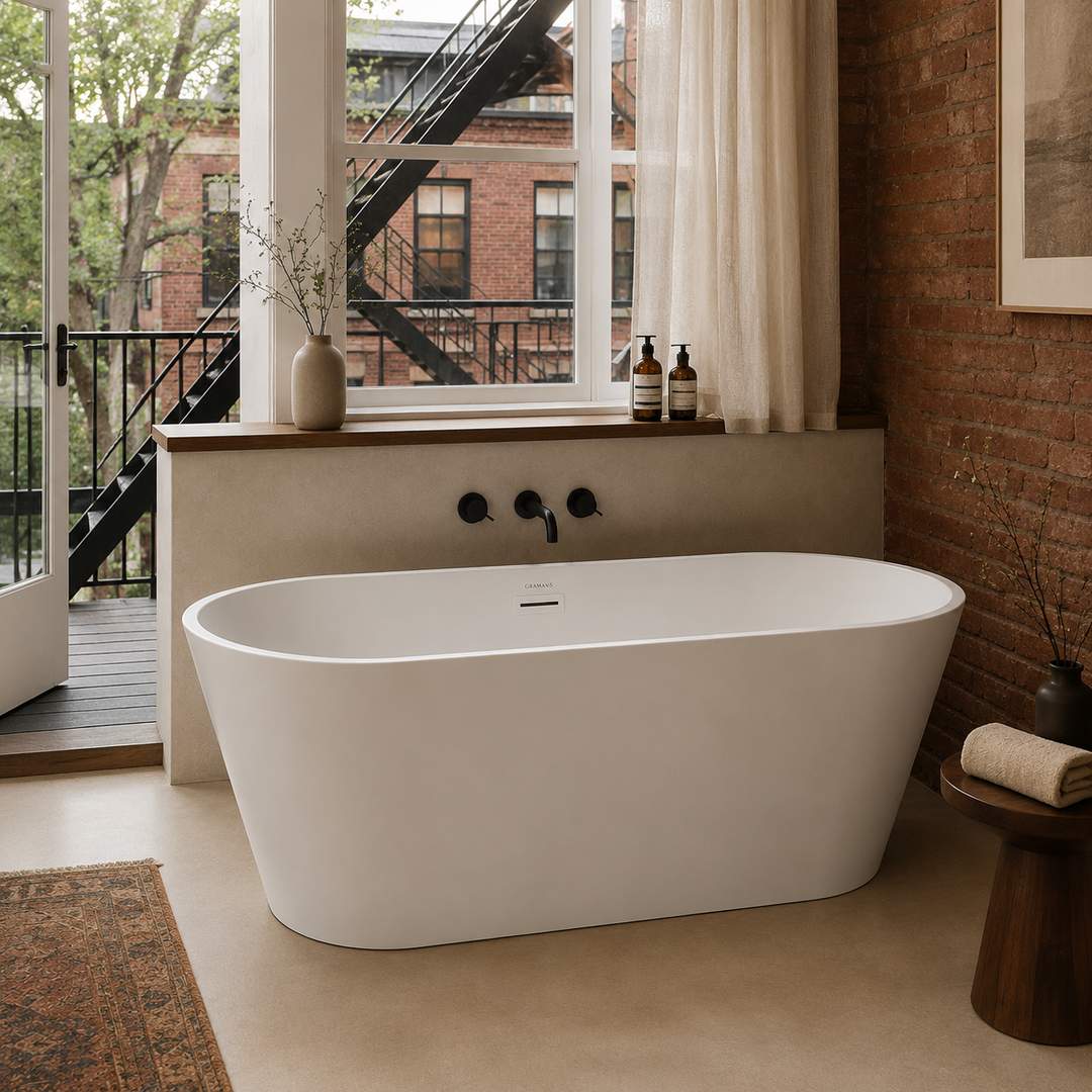 Hilversum 59 inch freestanding acrylic bathtub, front view with white drain, Gramans Bathware