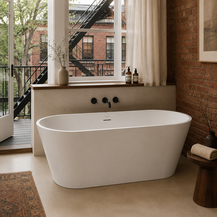 Hilversum 59 inch freestanding acrylic bathtub, front view with white drain, Gramans Bathware