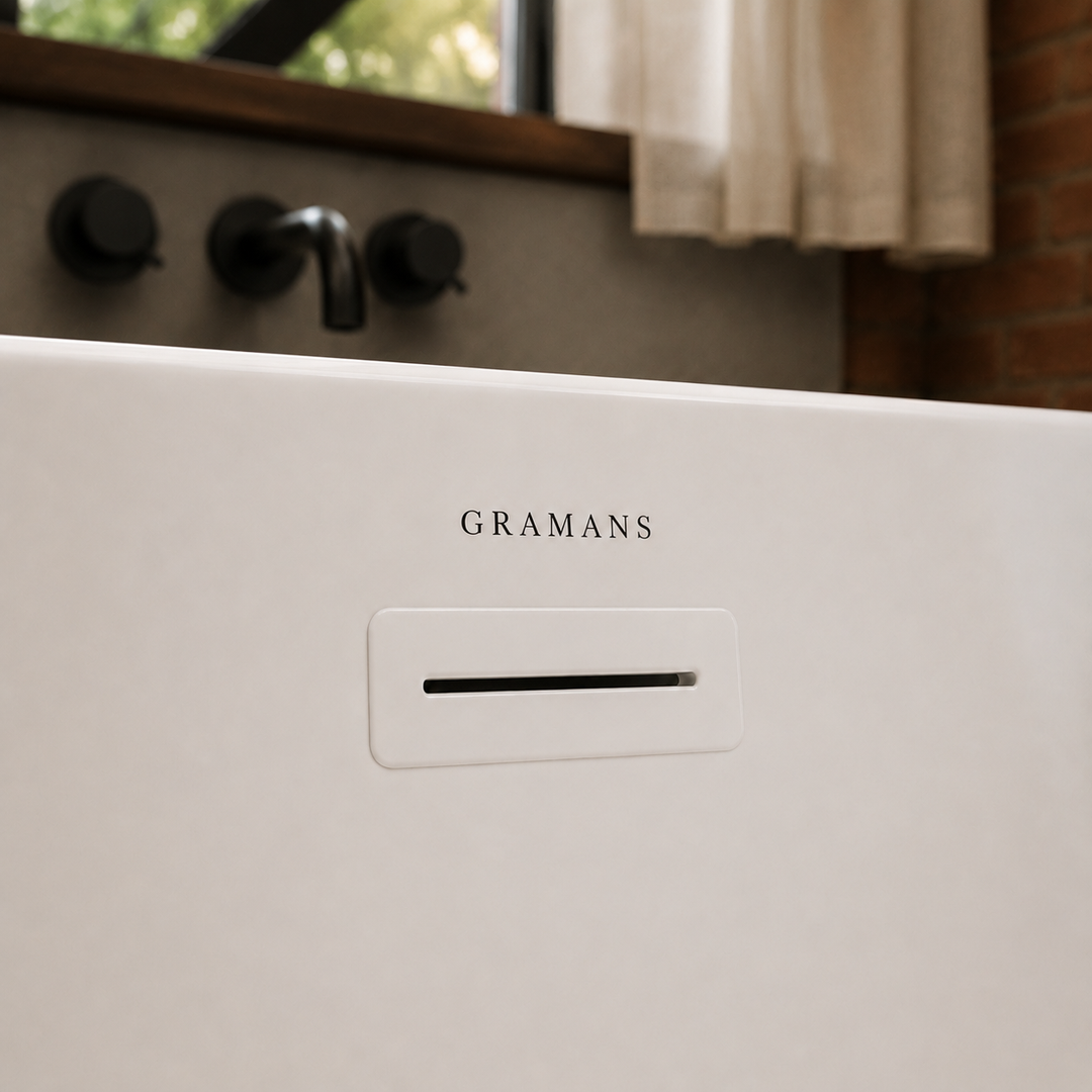 Hilversum 59 inch freestanding bathtub, close-up of white overflow, Gramans Bathware