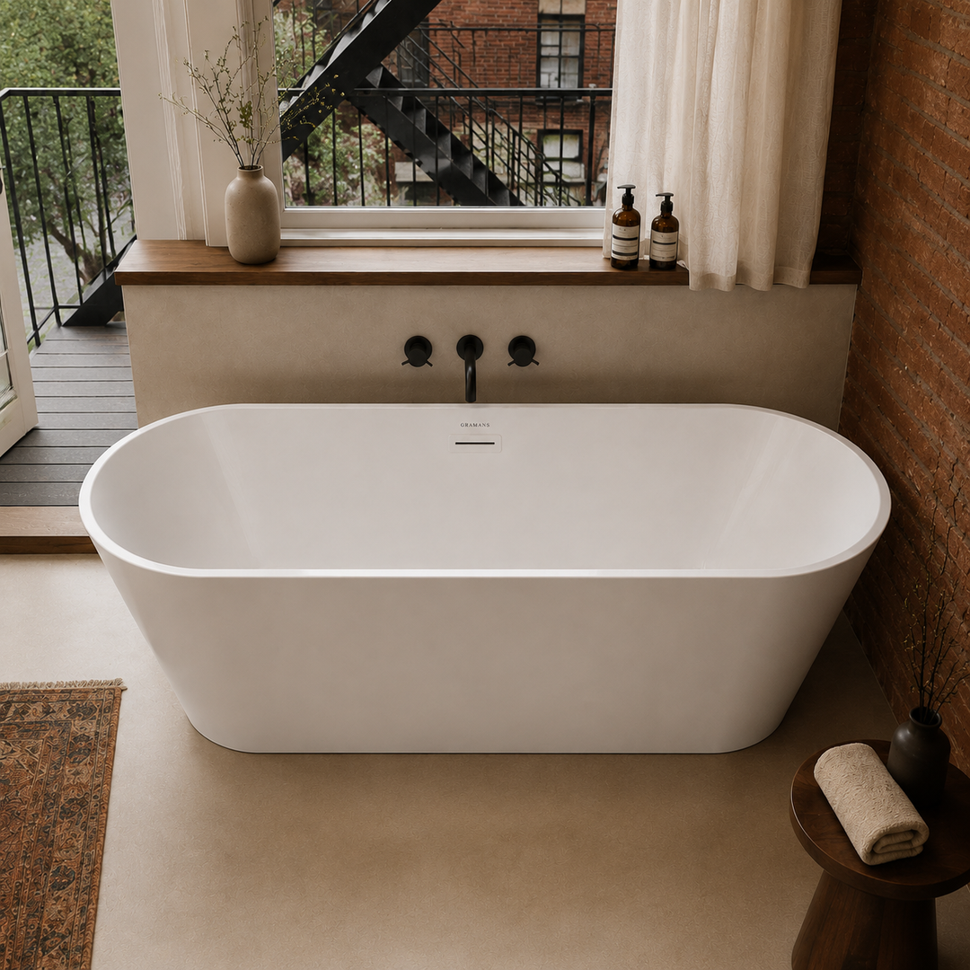 Hilversum 59 inch freestanding bathtub, top angle view of rounded rectangular basin, Gramans Bathware
