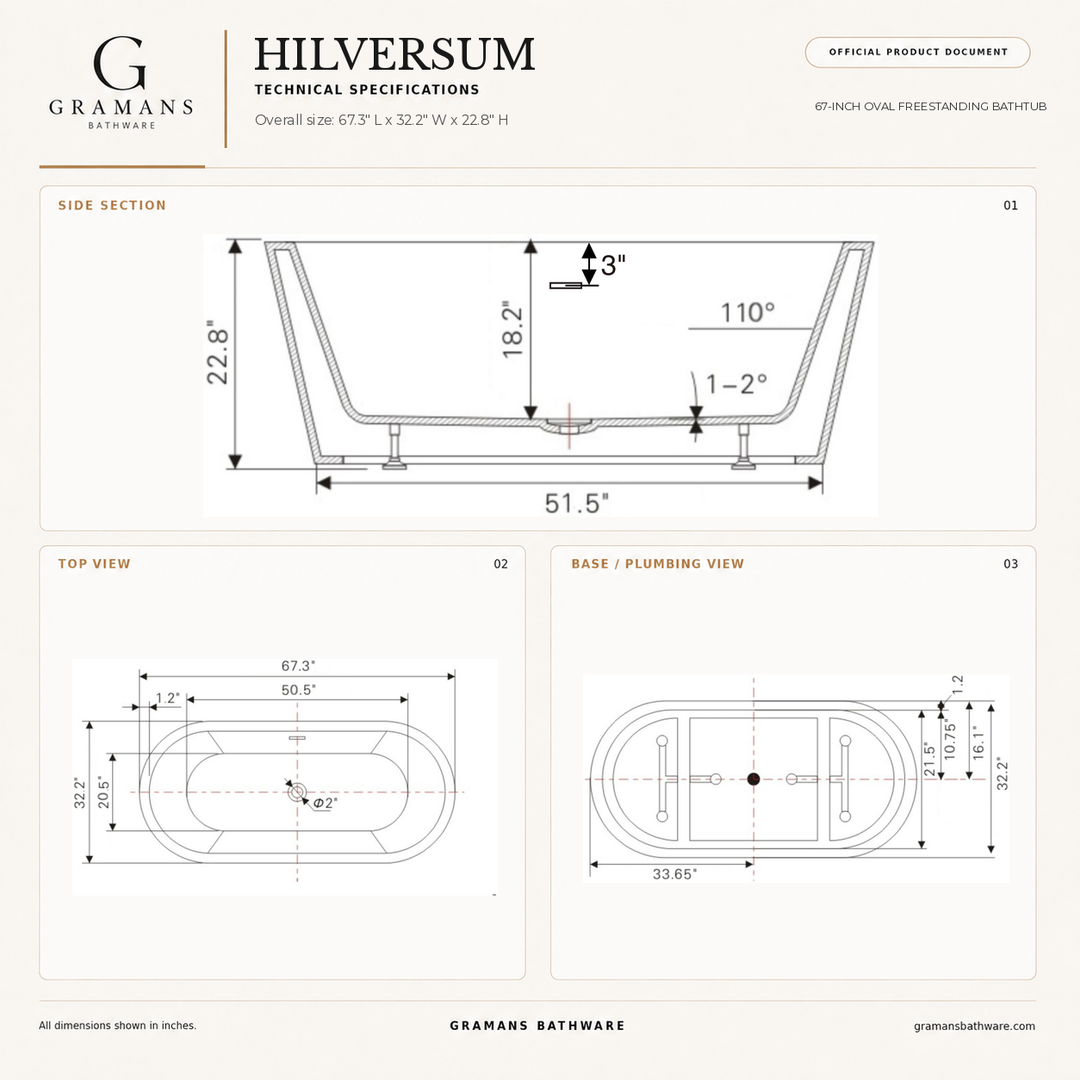 Hilversum 67 inch freestanding bathtub dimensions diagram, 67.3 x 32.2 x 22.8 inches, Gramans Bathware