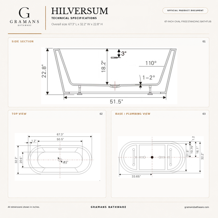Hilversum 67 inch freestanding bathtub dimensions diagram, 67.3 x 32.2 x 22.8 inches, Gramans Bathware