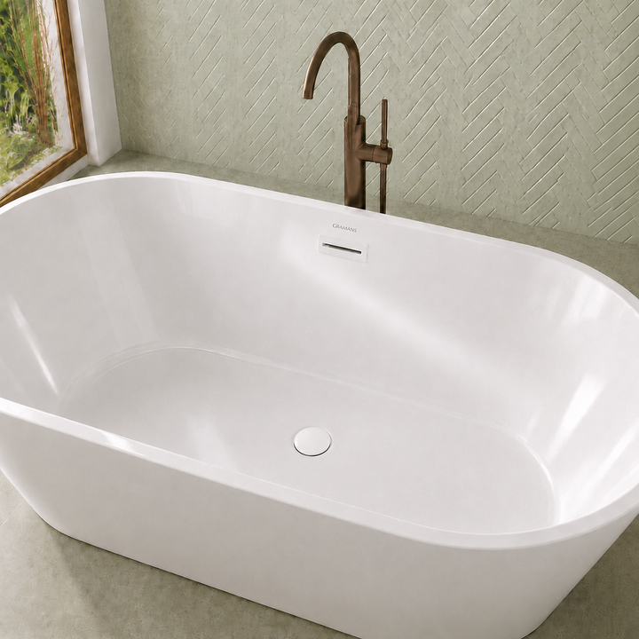 Hilversum 67 inch freestanding bathtub, close-up of matching white drain and overflow, Gramans Bathware