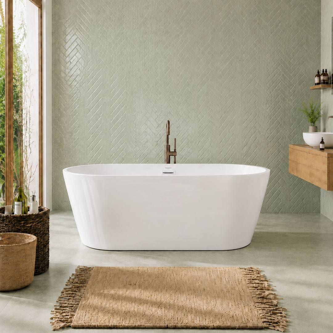 Hilversum 67 inch freestanding acrylic bathtub, front view with white drain, Gramans Bathware