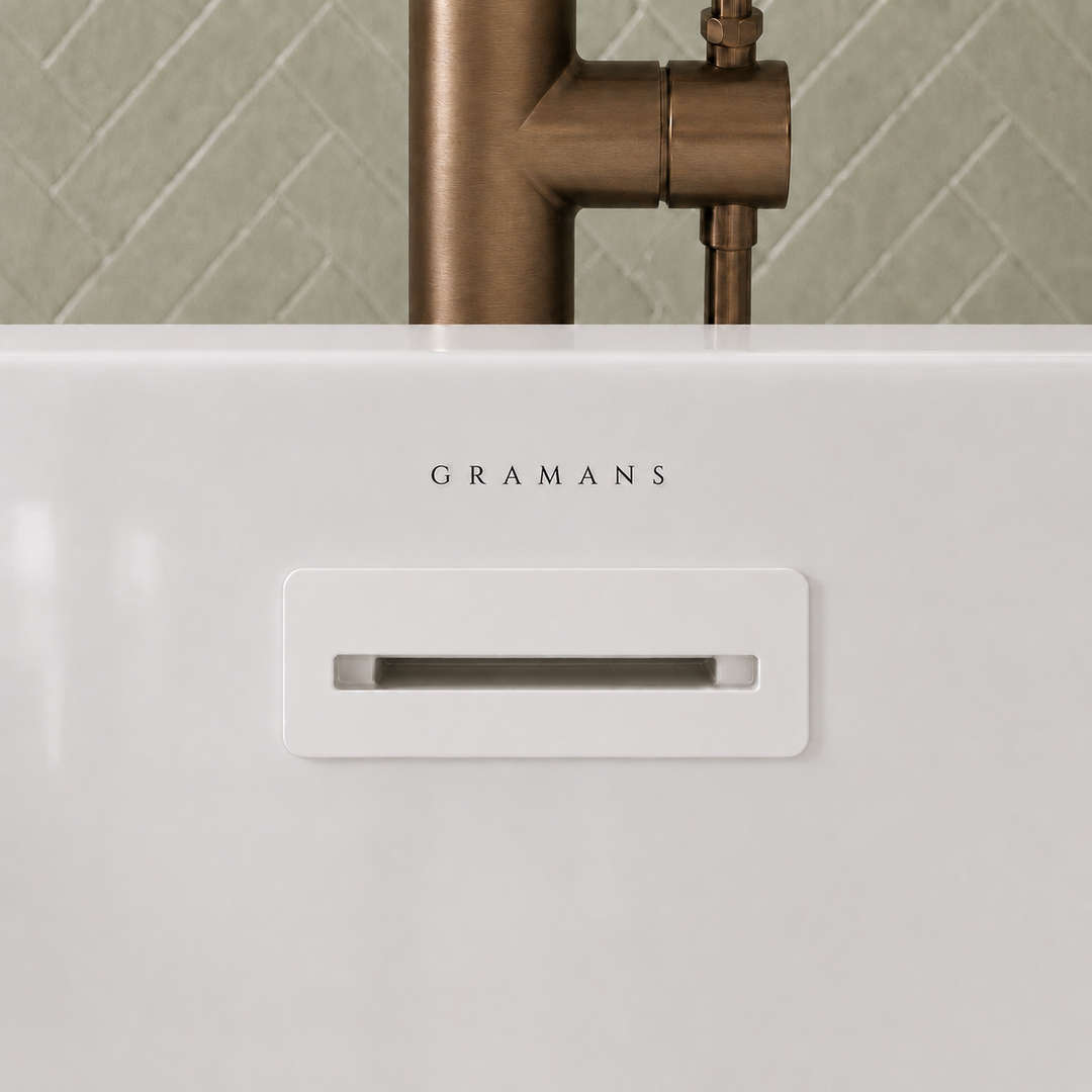 Hilversum 67 inch freestanding bathtub, close-up of white overflow, Gramans Bathware