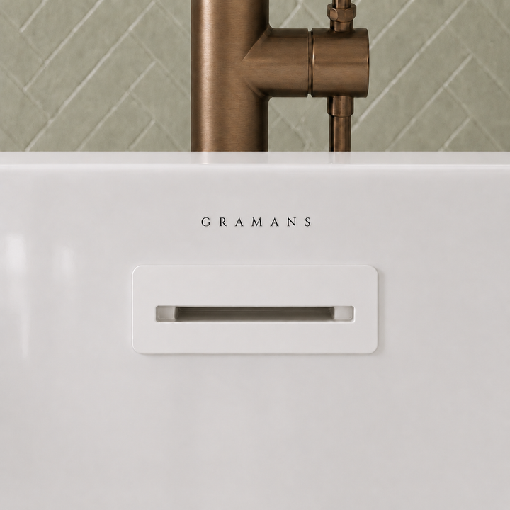 Hilversum 67 inch freestanding bathtub, close-up of white overflow, Gramans Bathware