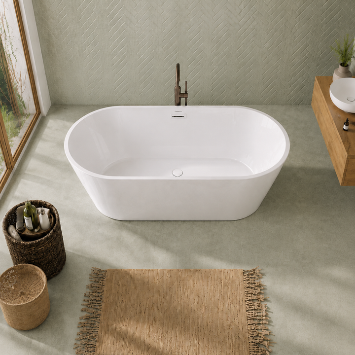 Hilversum 67 inch freestanding bathtub, top angle view of rounded rectangular basin, Gramans Bathware