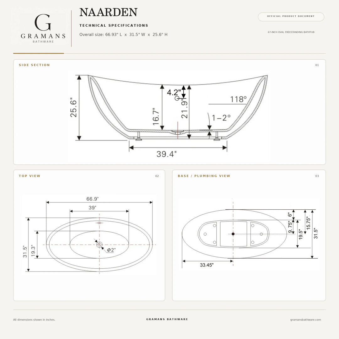 Naarden 67 inch double slipper bathtub dimensions diagram, 66.9 x 31.5 x 25.6 inches, Gramans Bathware
