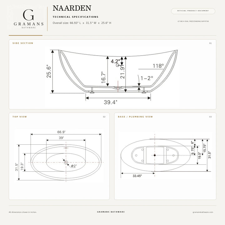 Naarden 67 inch double slipper bathtub dimensions diagram, 66.9 x 31.5 x 25.6 inches, Gramans Bathware