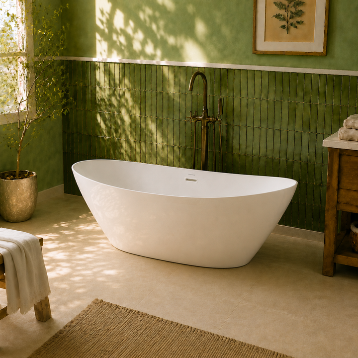 Naarden 67 inch double slipper freestanding bathtub, angled view, Gramans Bathware