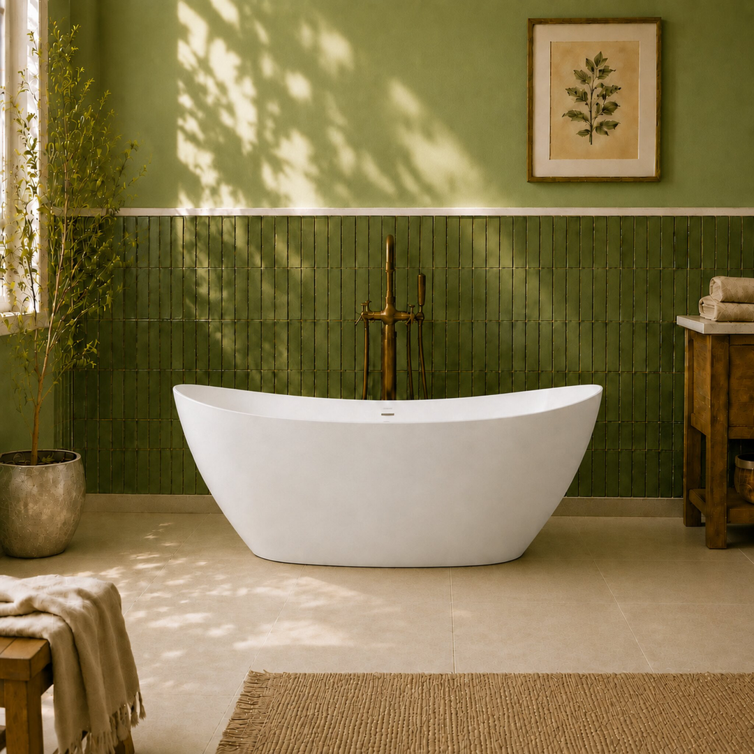 Naarden 67 inch double slipper freestanding acrylic bathtub, front view with white drain, Gramans Bathware