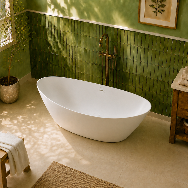 Naarden 67 inch double slipper freestanding bathtub, top angle view of oval basin, Gramans Bathware