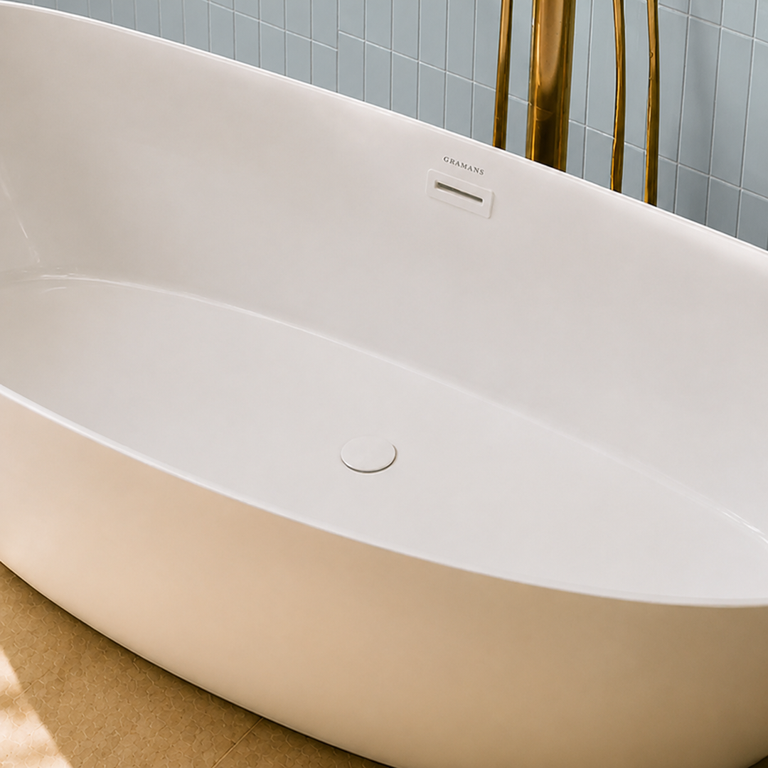 Naarden 71 inch freestanding bathtub, close-up of matching white drain and overflow, Gramans Bathware