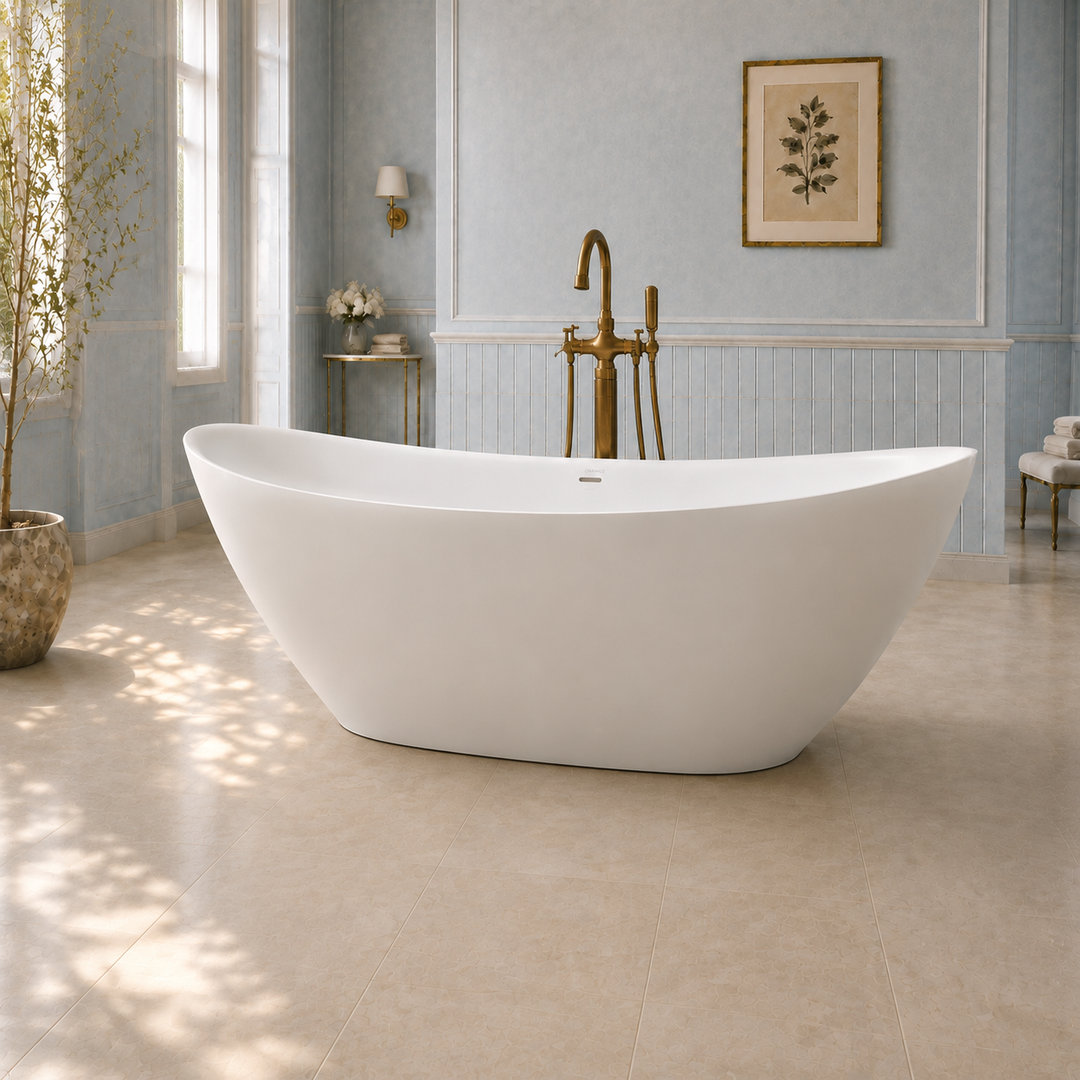 Naarden 71 inch double slipper freestanding bathtub, angled view, Gramans Bathware
