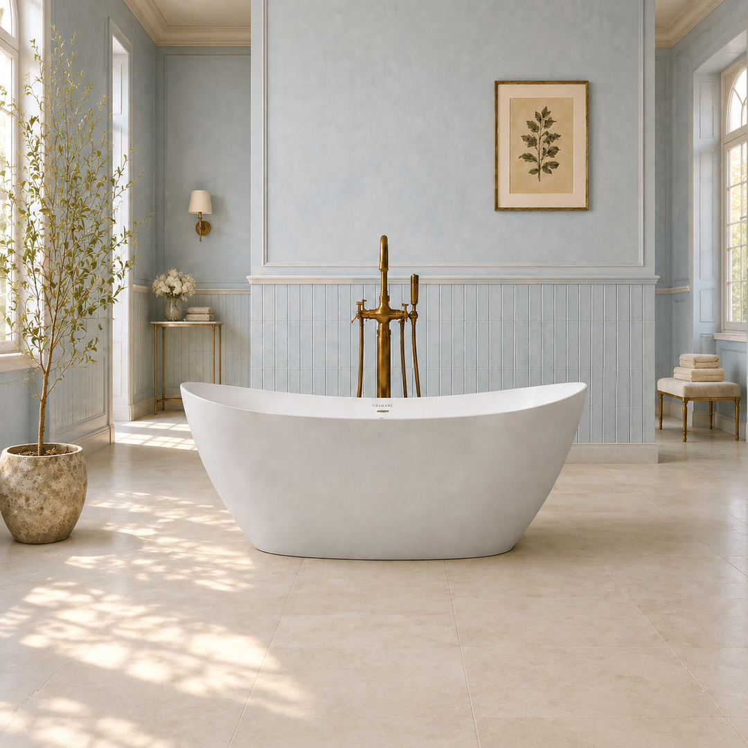 Naarden 71 inch double slipper freestanding acrylic bathtub, front view with white drain, Gramans Bathware