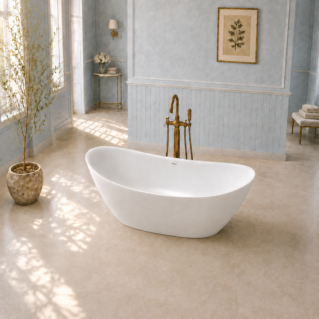 Naarden 71 inch double slipper freestanding bathtub, top angle view of oval basin, Gramans Bathware