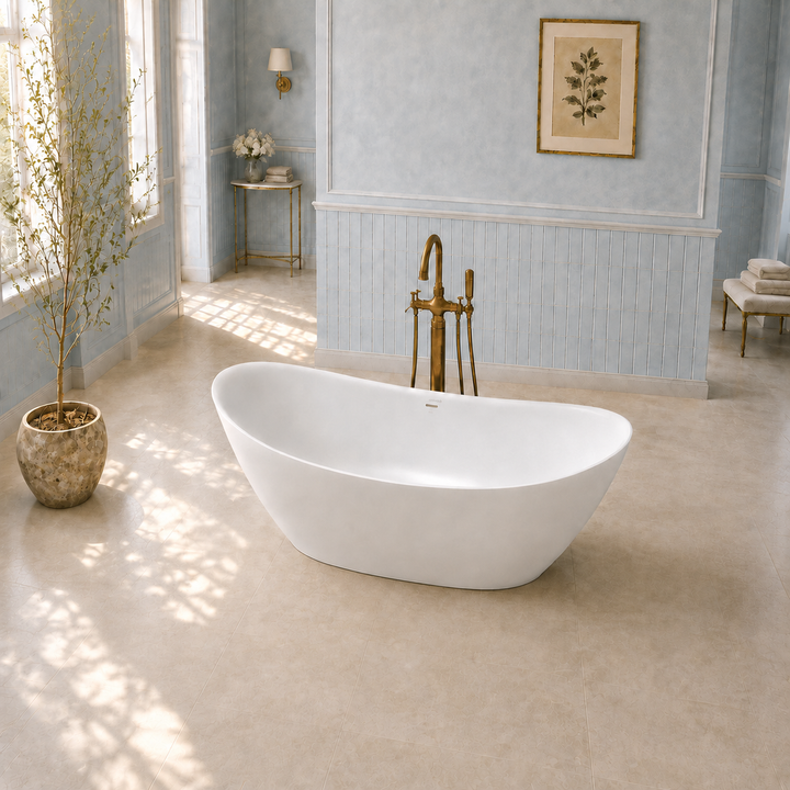 Naarden 71 inch double slipper freestanding bathtub, top angle view of oval basin, Gramans Bathware
