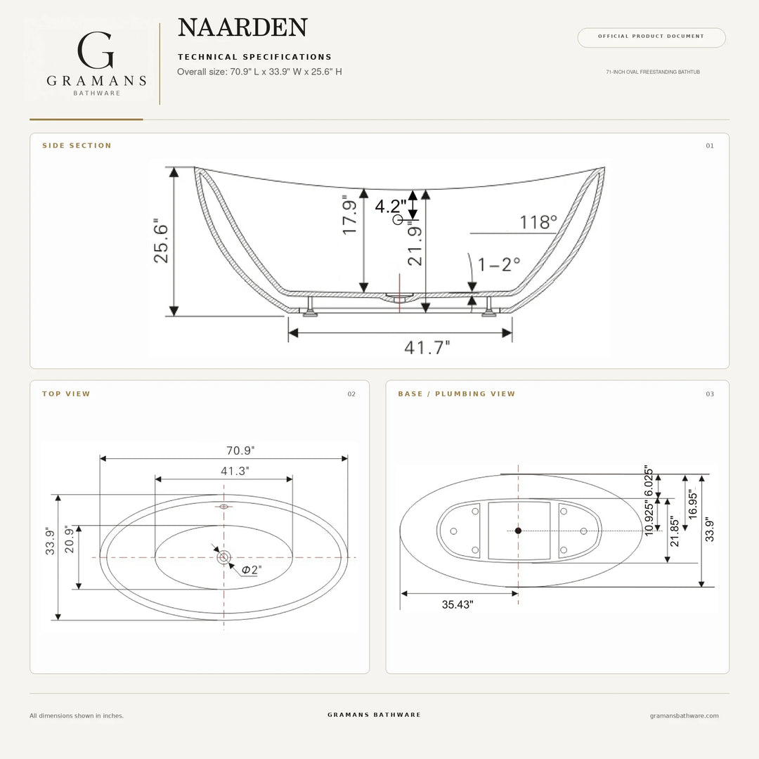 Naarden 71 inch double slipper bathtub dimensions diagram, 70.9 x 33.9 x 25.6 inches, Gramans Bathware
