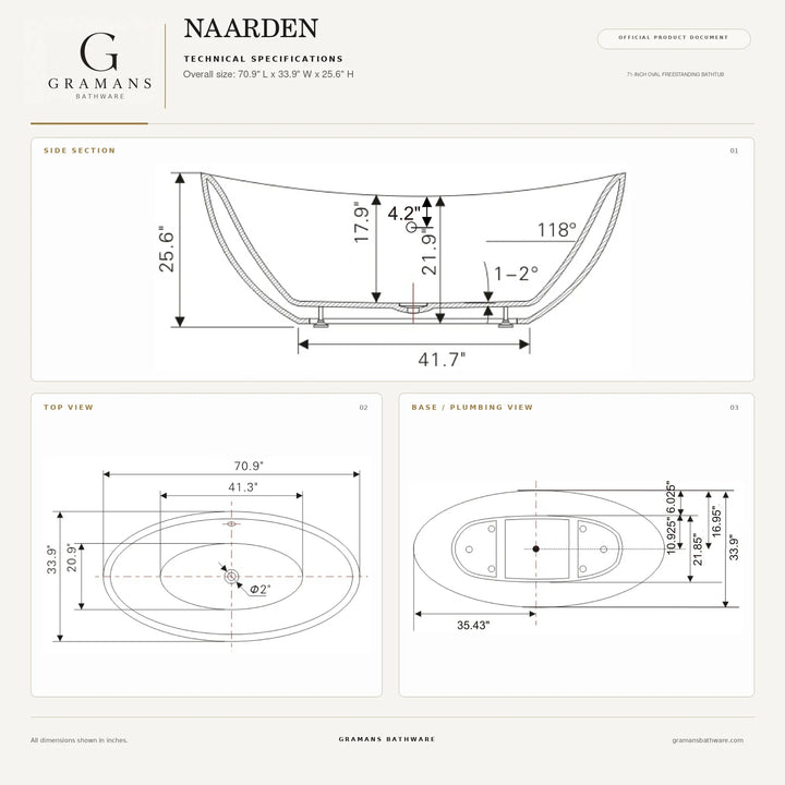 Naarden 71 inch double slipper bathtub dimensions diagram, 70.9 x 33.9 x 25.6 inches, Gramans Bathware