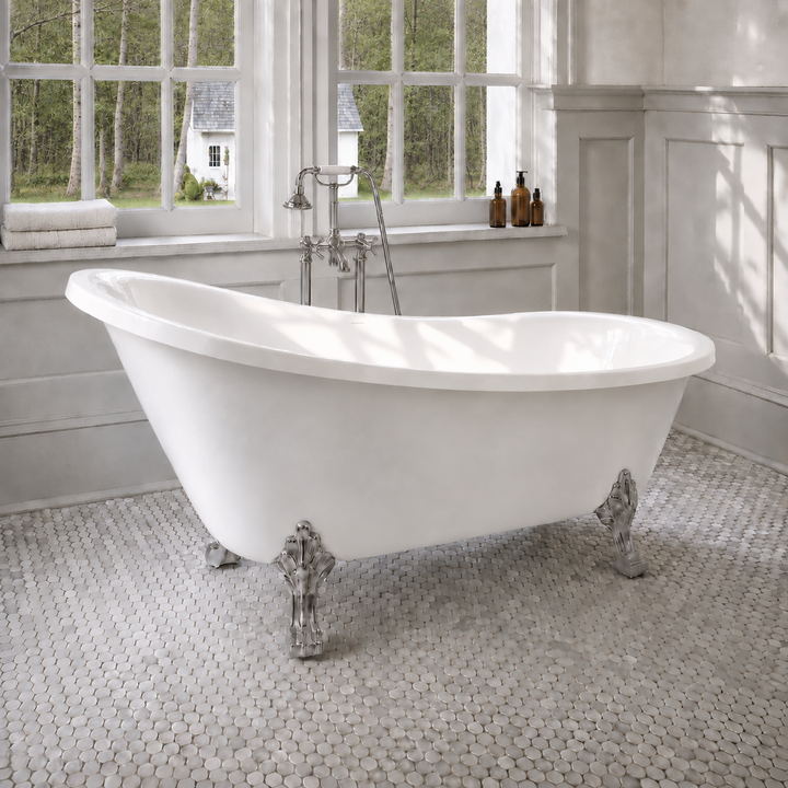 Valkenburg 69 inch acrylic clawfoot slipper bathtub, angled view, Gramans Bathware