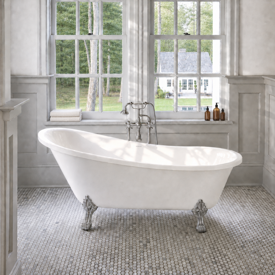 Valkenburg 69 inch acrylic clawfoot slipper bathtub with chrome ball-and-claw feet, front view, Gramans Bathware