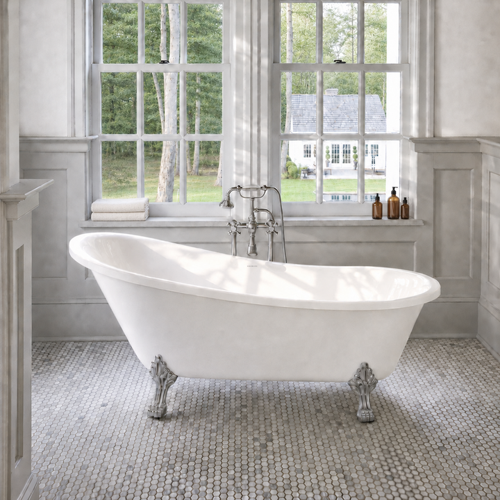 Valkenburg 69 inch acrylic clawfoot slipper bathtub with chrome ball-and-claw feet, front view, Gramans Bathware