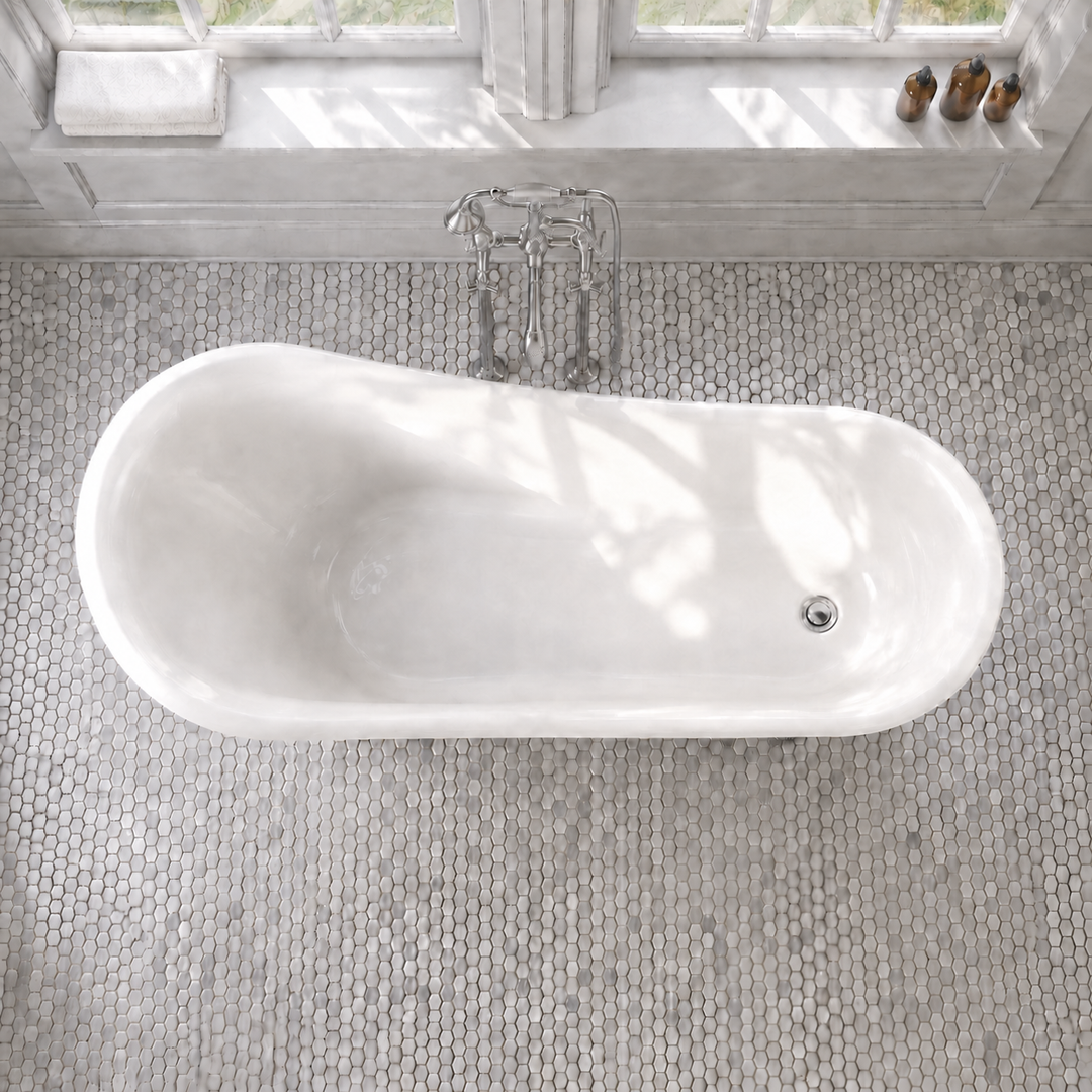 Valkenburg acrylic clawfoot bathtub, close-up of chrome drain, Gramans Bathware