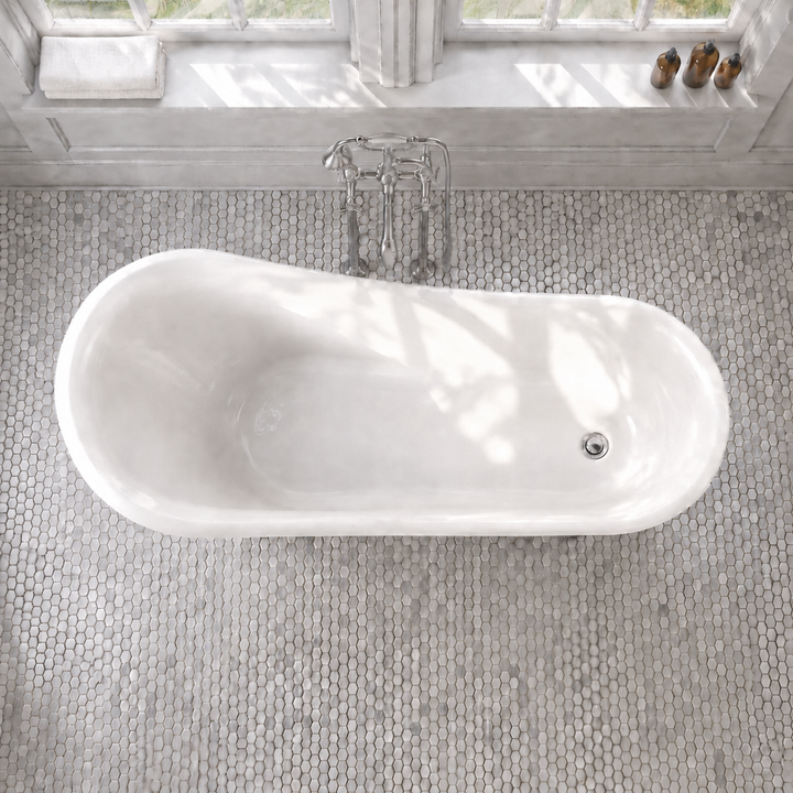 Valkenburg acrylic clawfoot bathtub, close-up of chrome drain, Gramans Bathware
