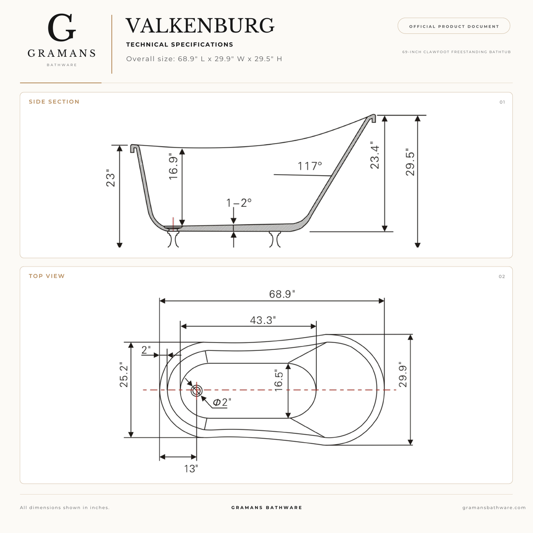 Valkenburg 69 inch acrylic clawfoot slipper bathtub dimensions diagram, 68.9 x 29.9 x 29.5 inches, Gramans Bathware