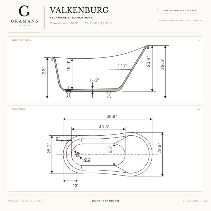 Valkenburg 69 inch acrylic clawfoot slipper bathtub dimensions diagram, 68.9 x 29.9 x 29.5 inches, Gramans Bathware
