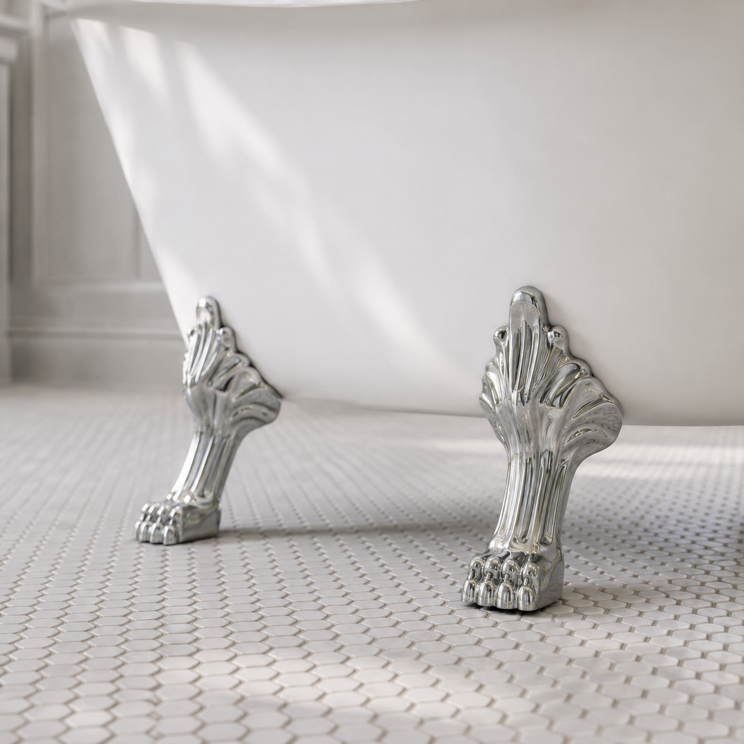 Valkenburg acrylic clawfoot bathtub, close-up of polished chrome ball-and-claw feet, Gramans Bathware