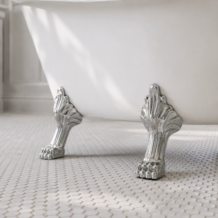 Valkenburg acrylic clawfoot bathtub, close-up of polished chrome ball-and-claw feet, Gramans Bathware