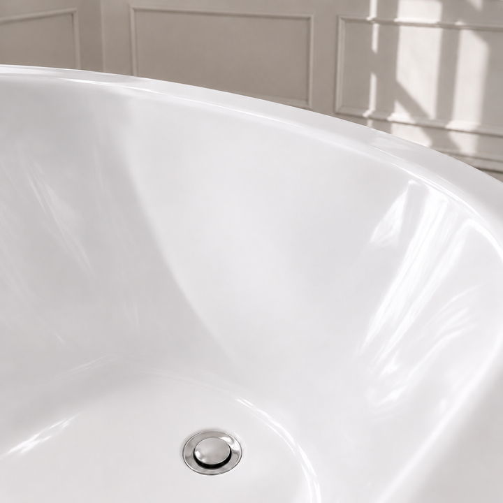 Valkenburg acrylic clawfoot bathtub, close-up of chrome drain, Gramans Bathware