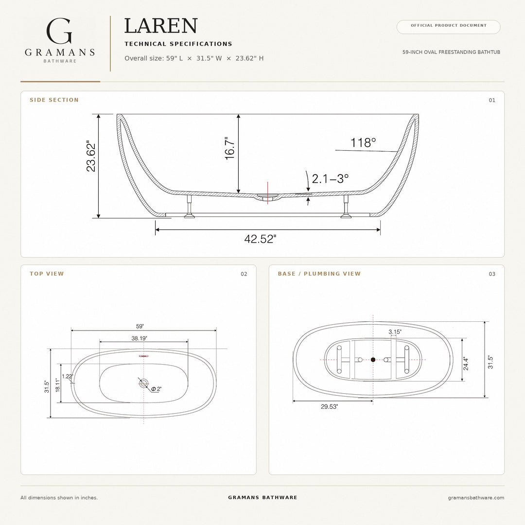 Laren 59 inch freestanding bathtub dimensions diagram, 59 x 31.5 x 23.62 inches, Gramans Bathware
