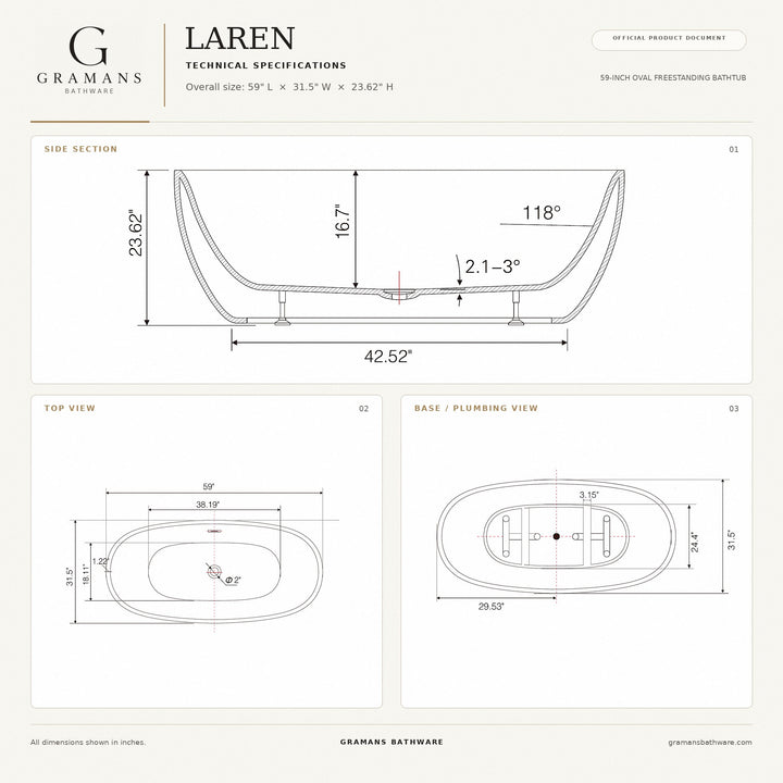 Laren 59 inch freestanding bathtub dimensions diagram, 59 x 31.5 x 23.62 inches, Gramans Bathware