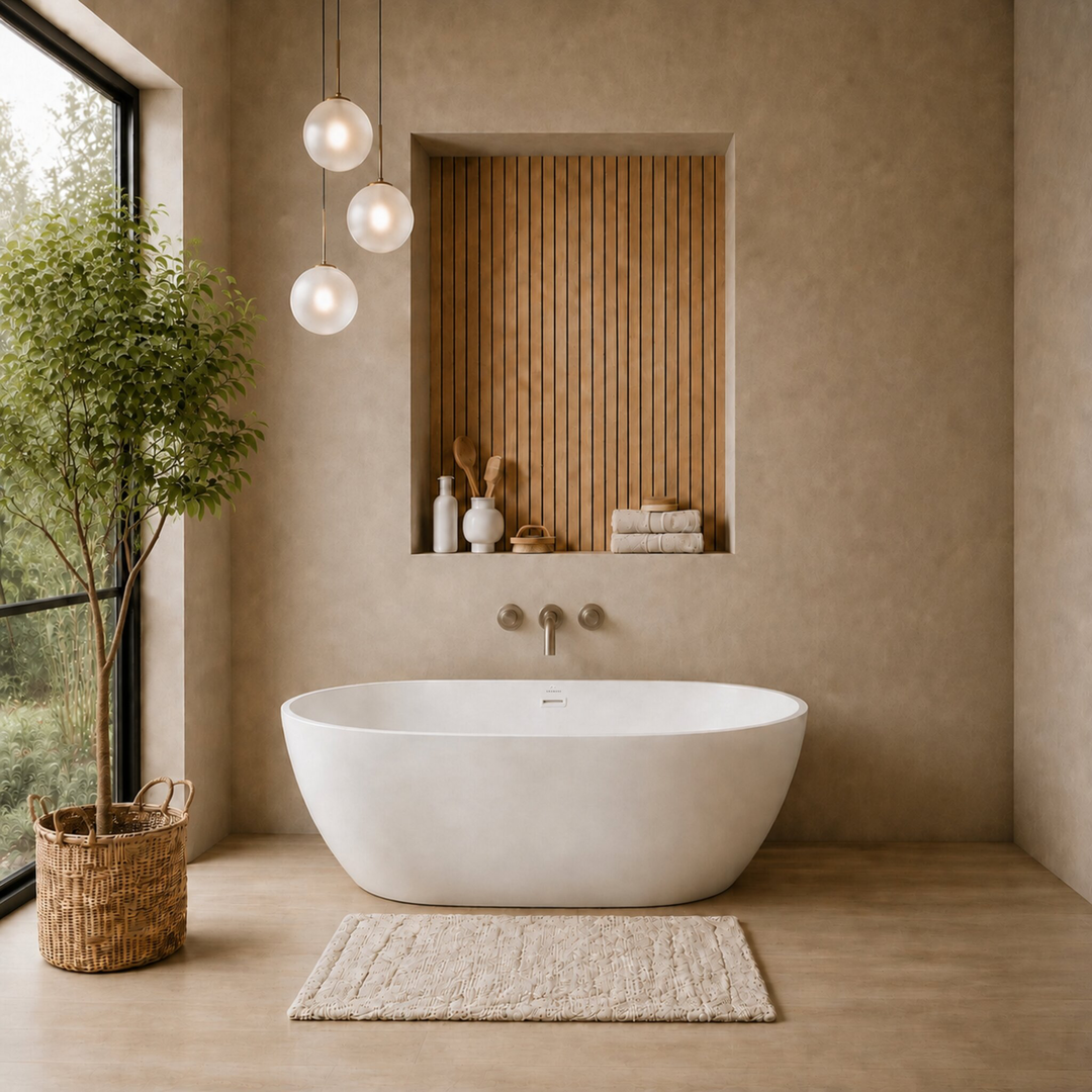 Laren 59 inch freestanding acrylic bathtub, front view with white drain, Gramans Bathware
