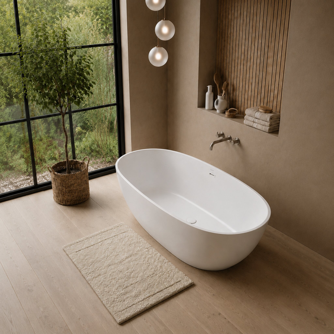 Laren 59 inch freestanding acrylic bathtub, top angle view of oval basin, Gramans Bathware