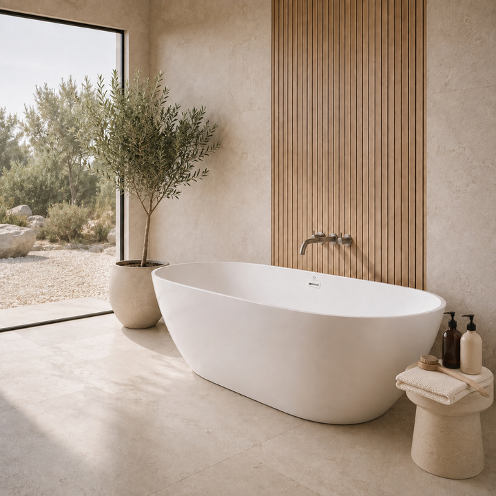 Laren 67 inch freestanding acrylic bathtub, angled view, Gramans Bathware